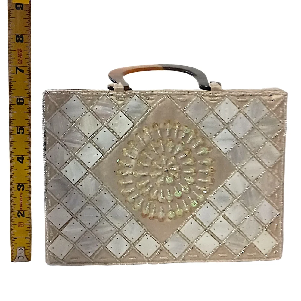Mod by Design Mother of Pearl Mosaic Bag   Beaded Satin Lucite‎ Handles MCM Vtg